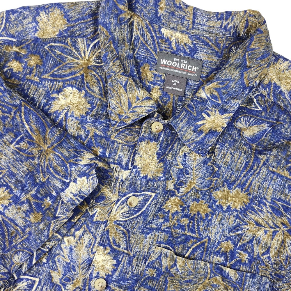 Woolrich Mens‎ XL Navy Woodblock Leave Button Down Shirt Short Sleeve Hawaiian